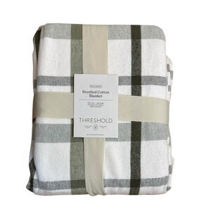 Threshold Full/Queen Brushed Cotton Blanket Cream & Green 90 in x 92 in New